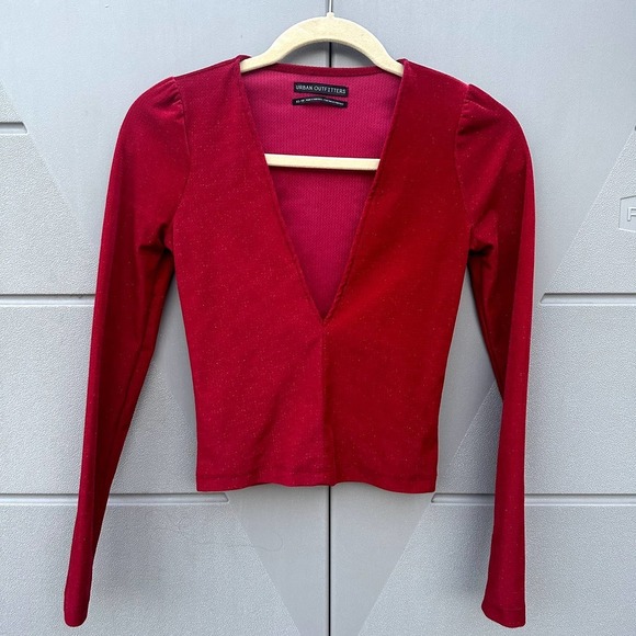 Urban Outfitters Bree Red Metallic Deep Plunge Velvet Long Sleeve Top XS - Picture 4 of 6
